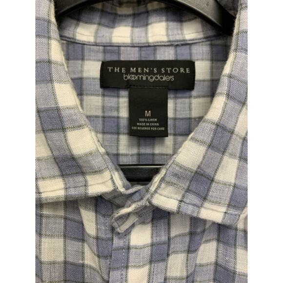 The Mens Store Bloomingdales Linen Button Up Shirt Mens Sz M Plaid Classic Blue - Picture 2 of 4